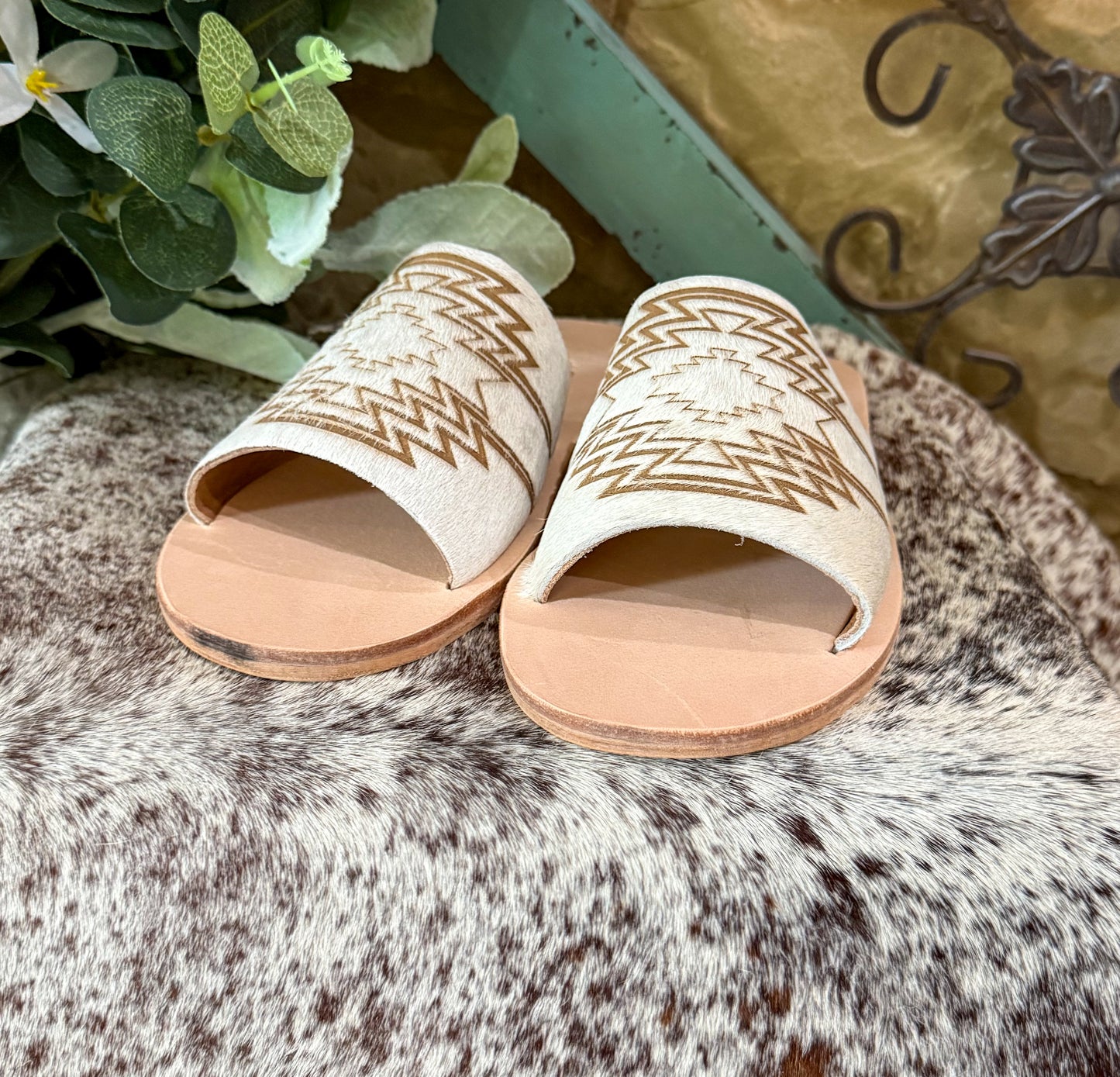 Nadia Fire Aztec Cowhide Slides