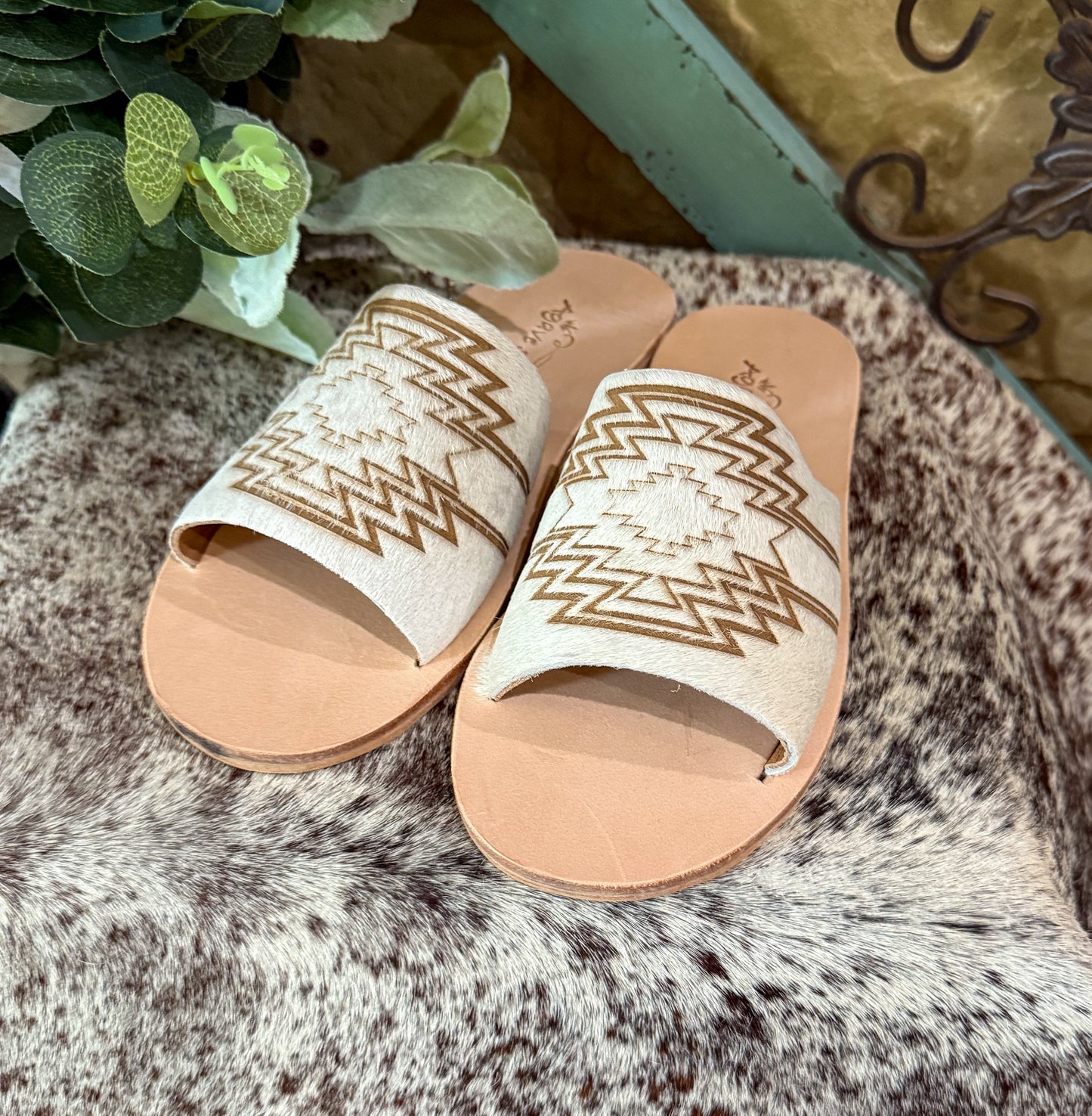 Nadia Fire Aztec Cowhide Slides