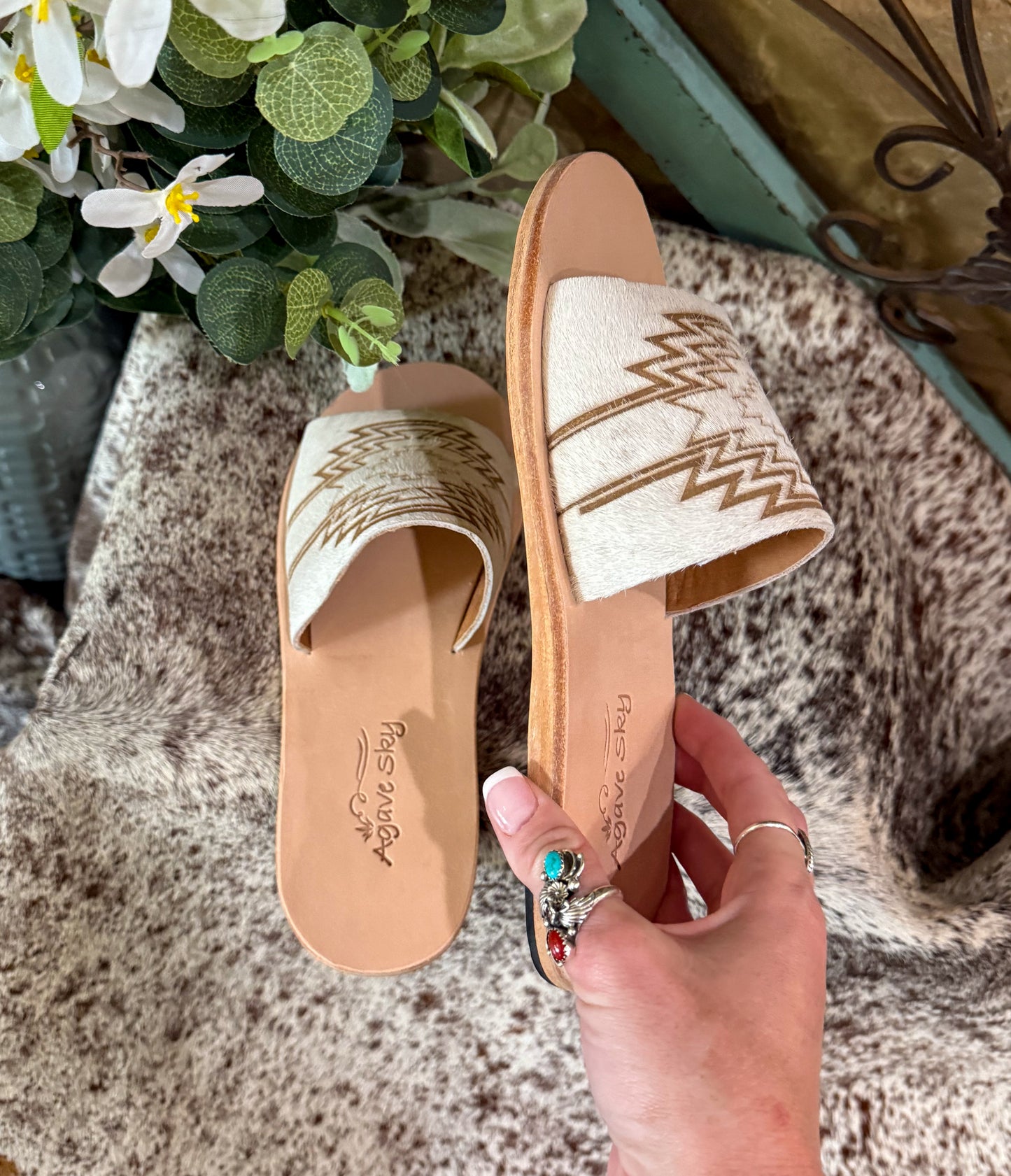 Nadia Fire Aztec Cowhide Slides