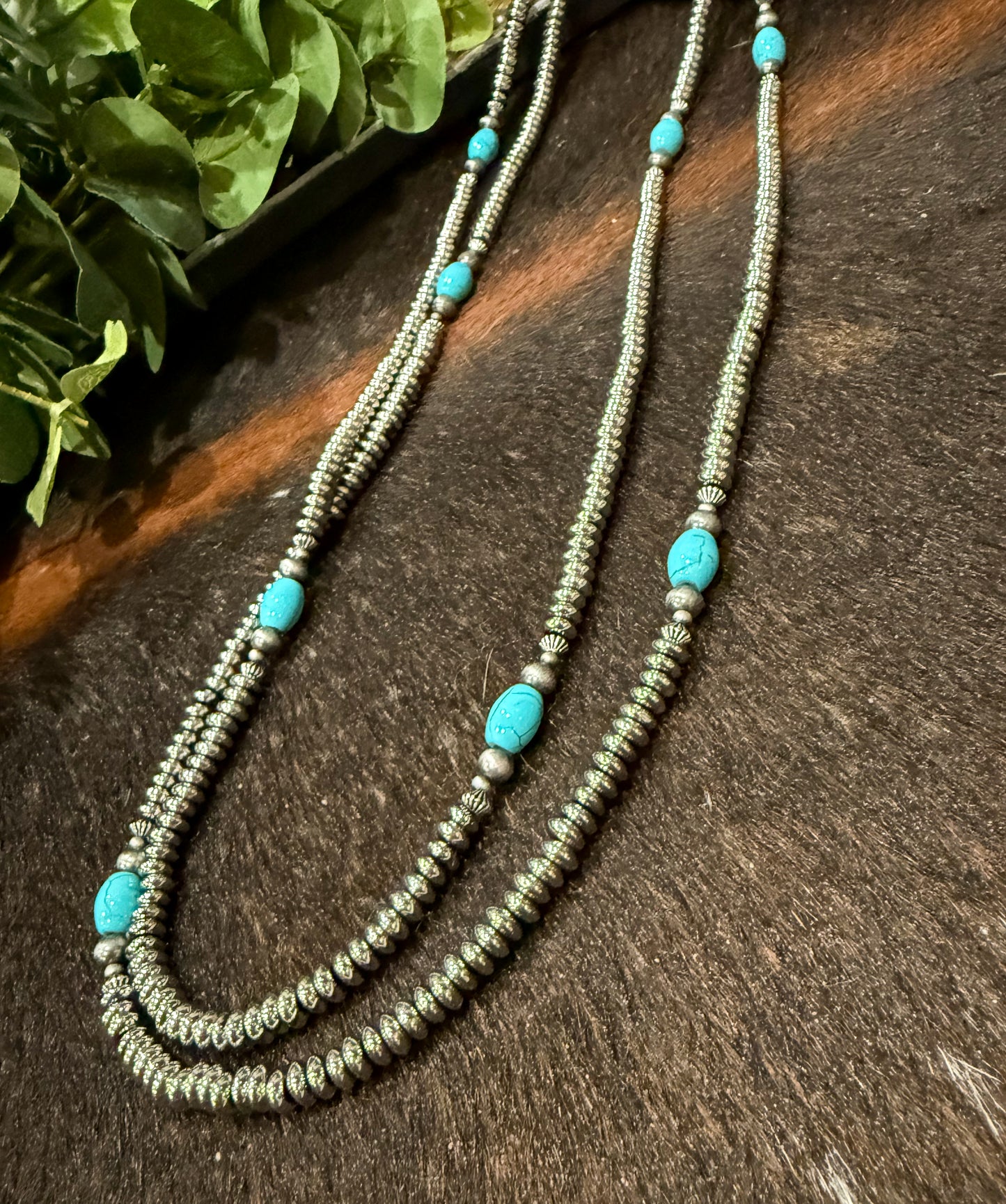 66” Silver Disc & Turquoise Necklace