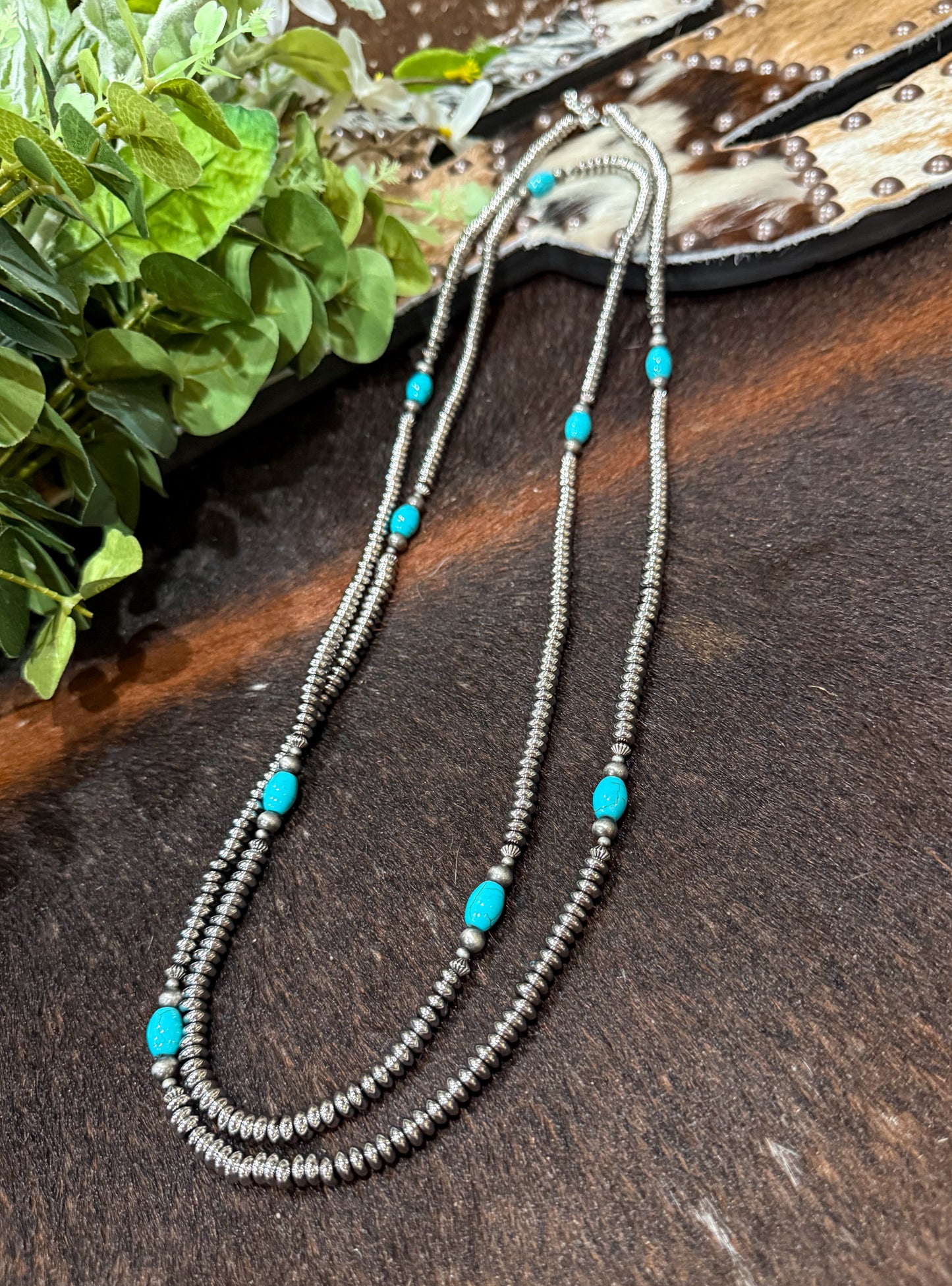 66” Silver Disc & Turquoise Necklace