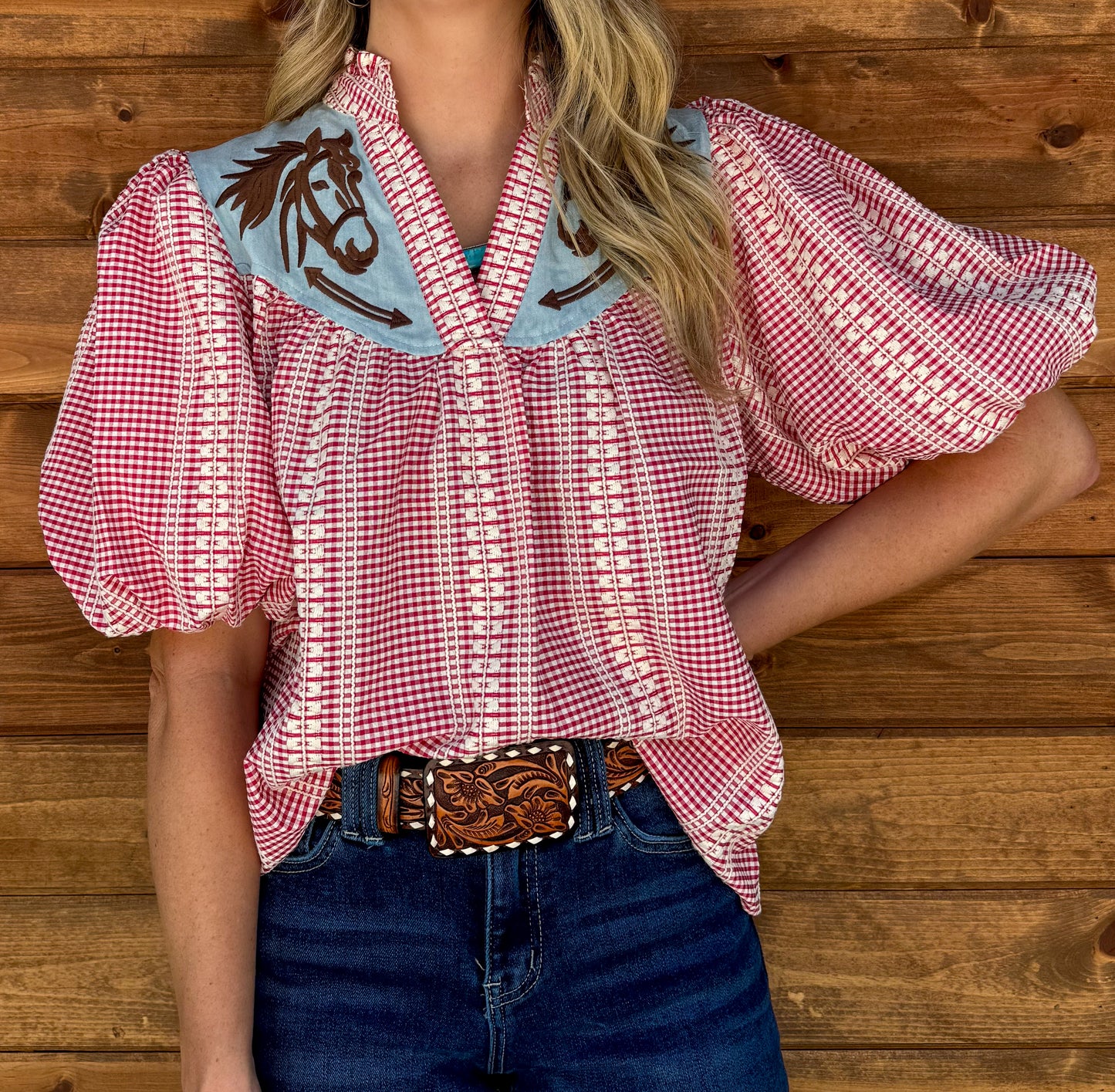 Western Horse Gingham Blouse
