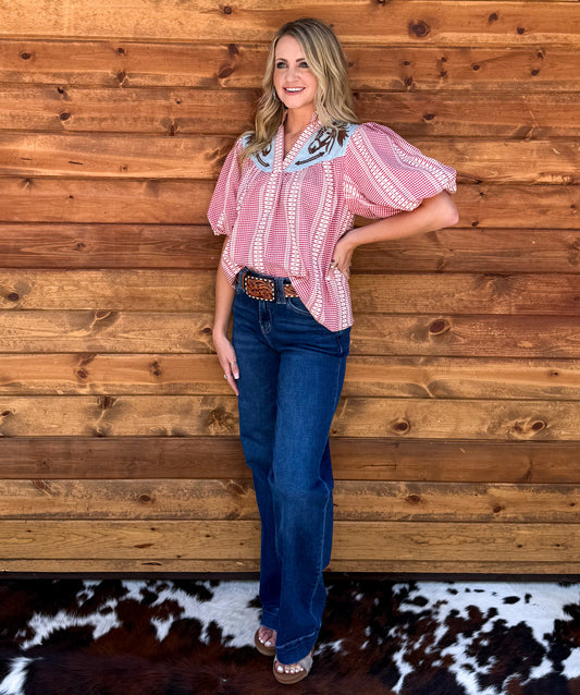 Western Horse Gingham Blouse