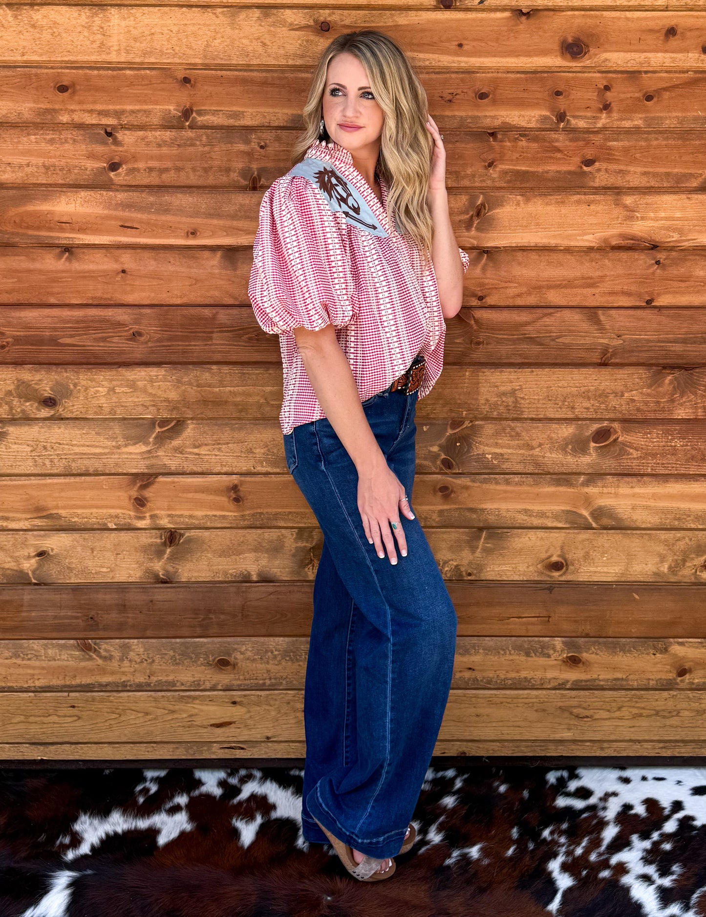 Western Horse Gingham Blouse