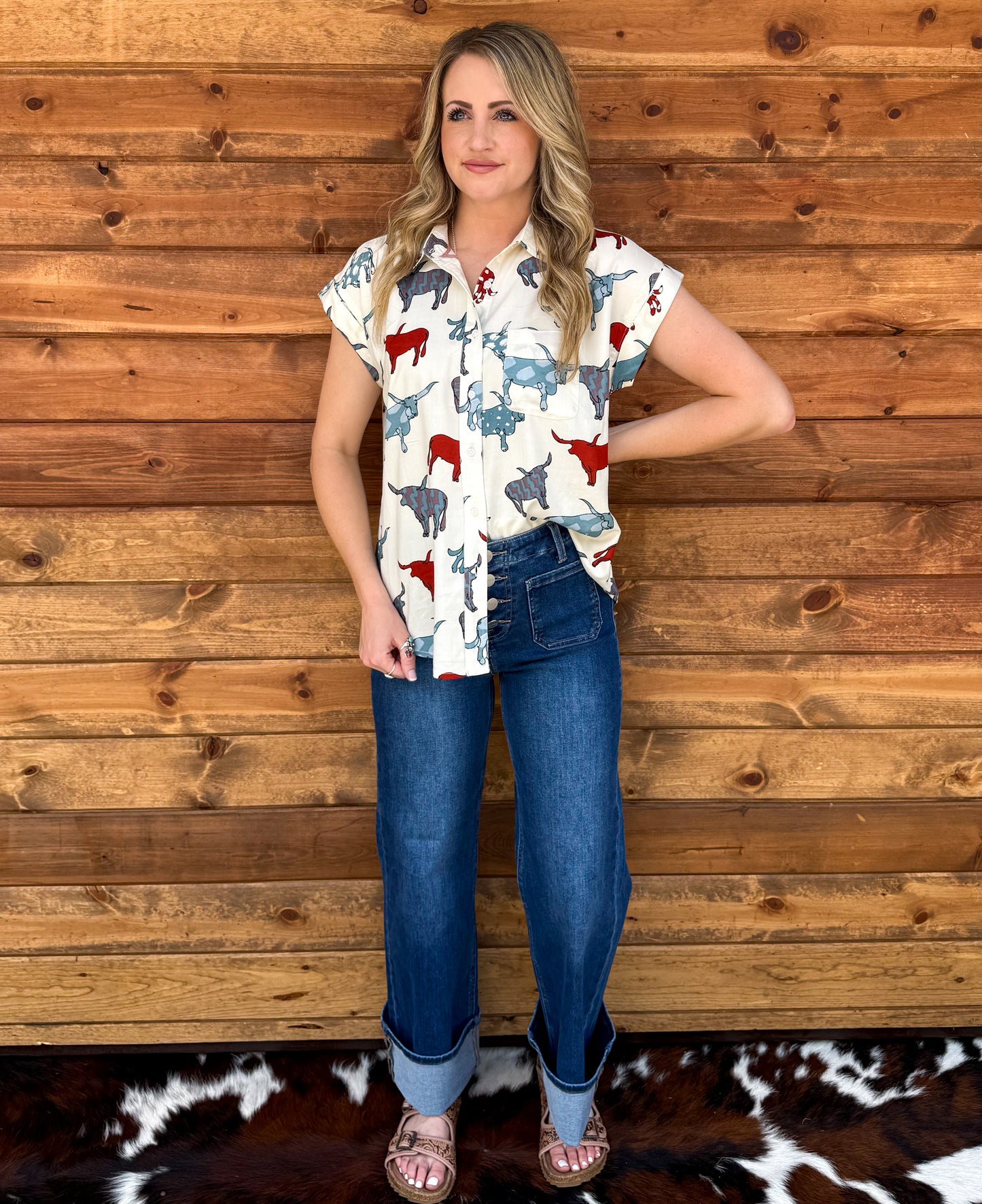 Longhorn Button-Up Top *White