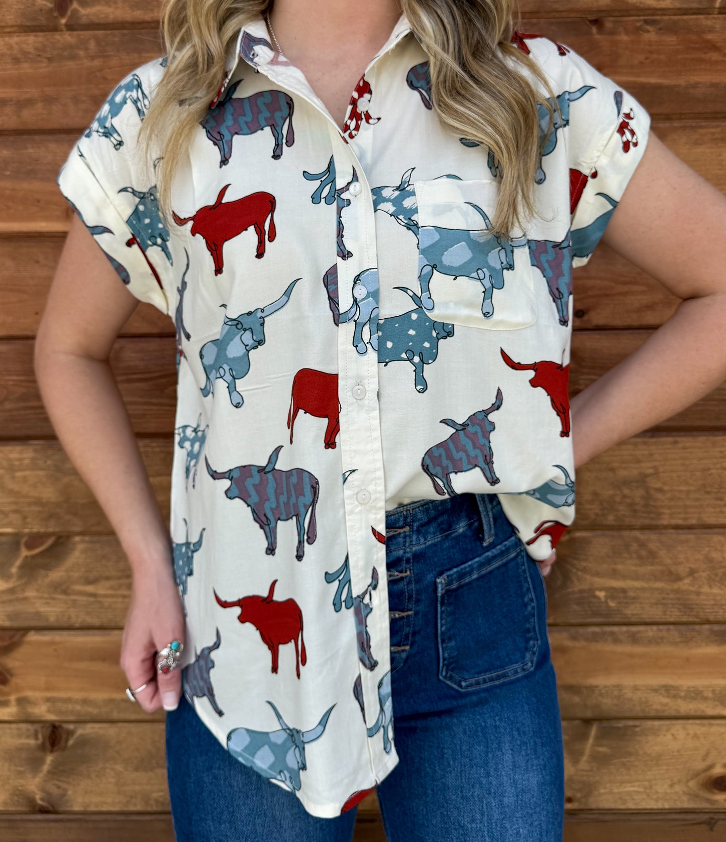 Longhorn Button-Up Top *White