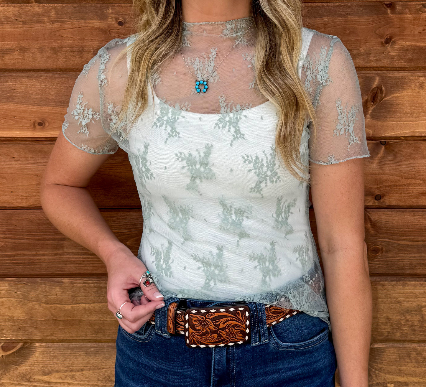 Floral Lace Mesh Top *Mint