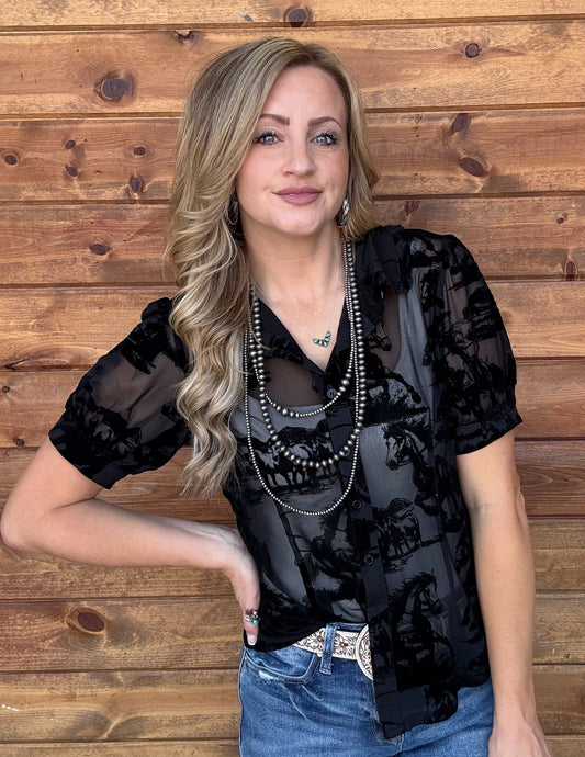Horses Burnout Mesh Blouse