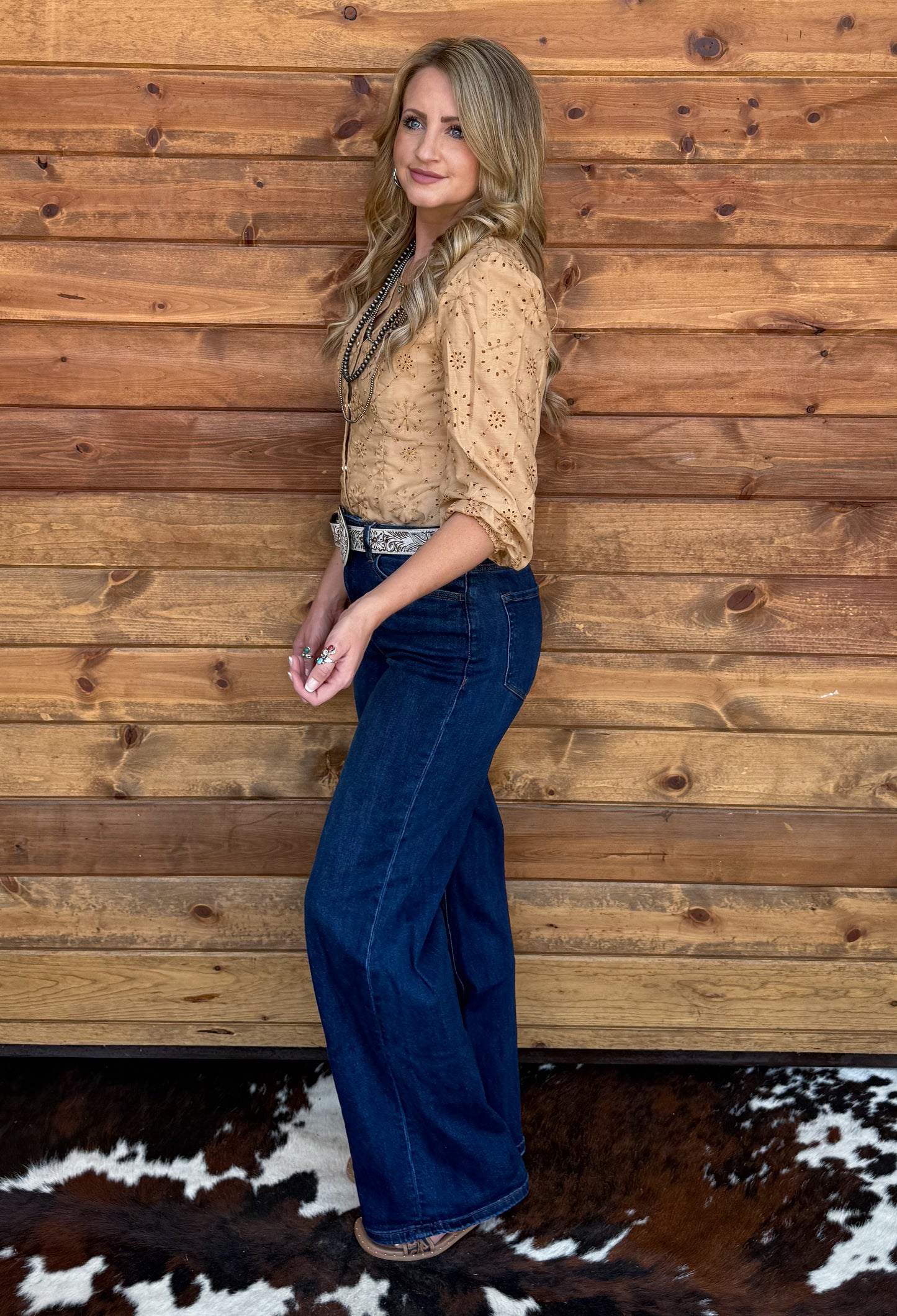 Rustic Floral Eyelet Bodysuit *Camel