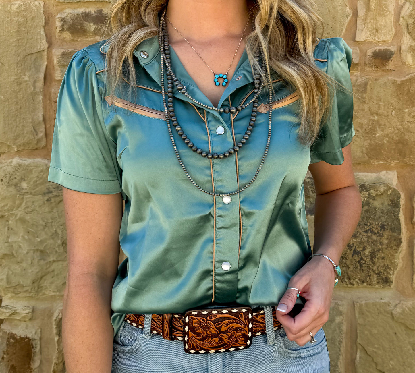 Satin Arrow Button-Up Top