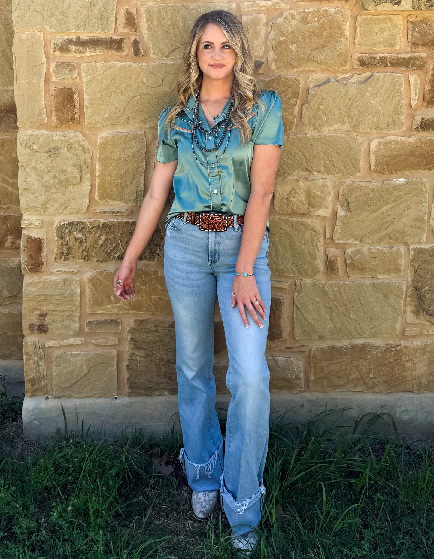 Satin Arrow Button-Up Top