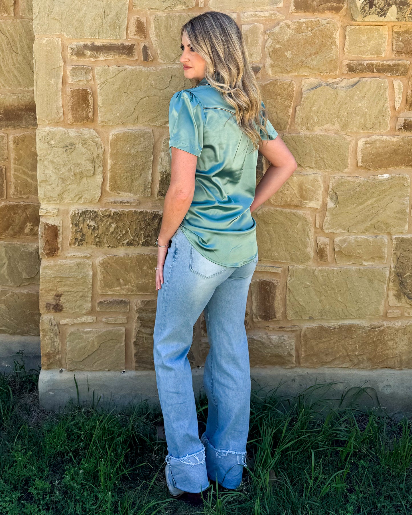 Satin Arrow Button-Up Top