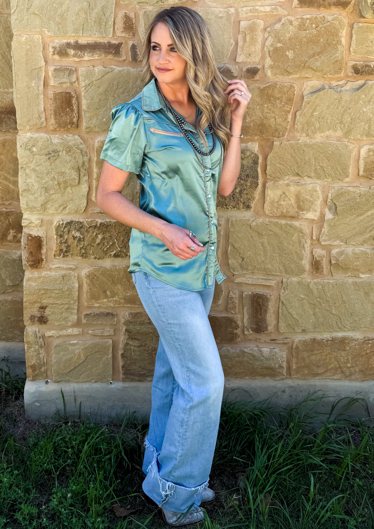 Satin Arrow Button-Up Top