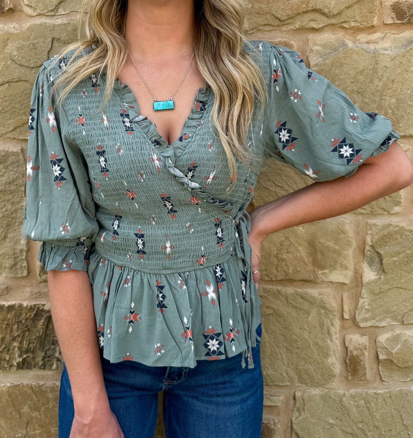 Classy Aztec Blouse *Olive