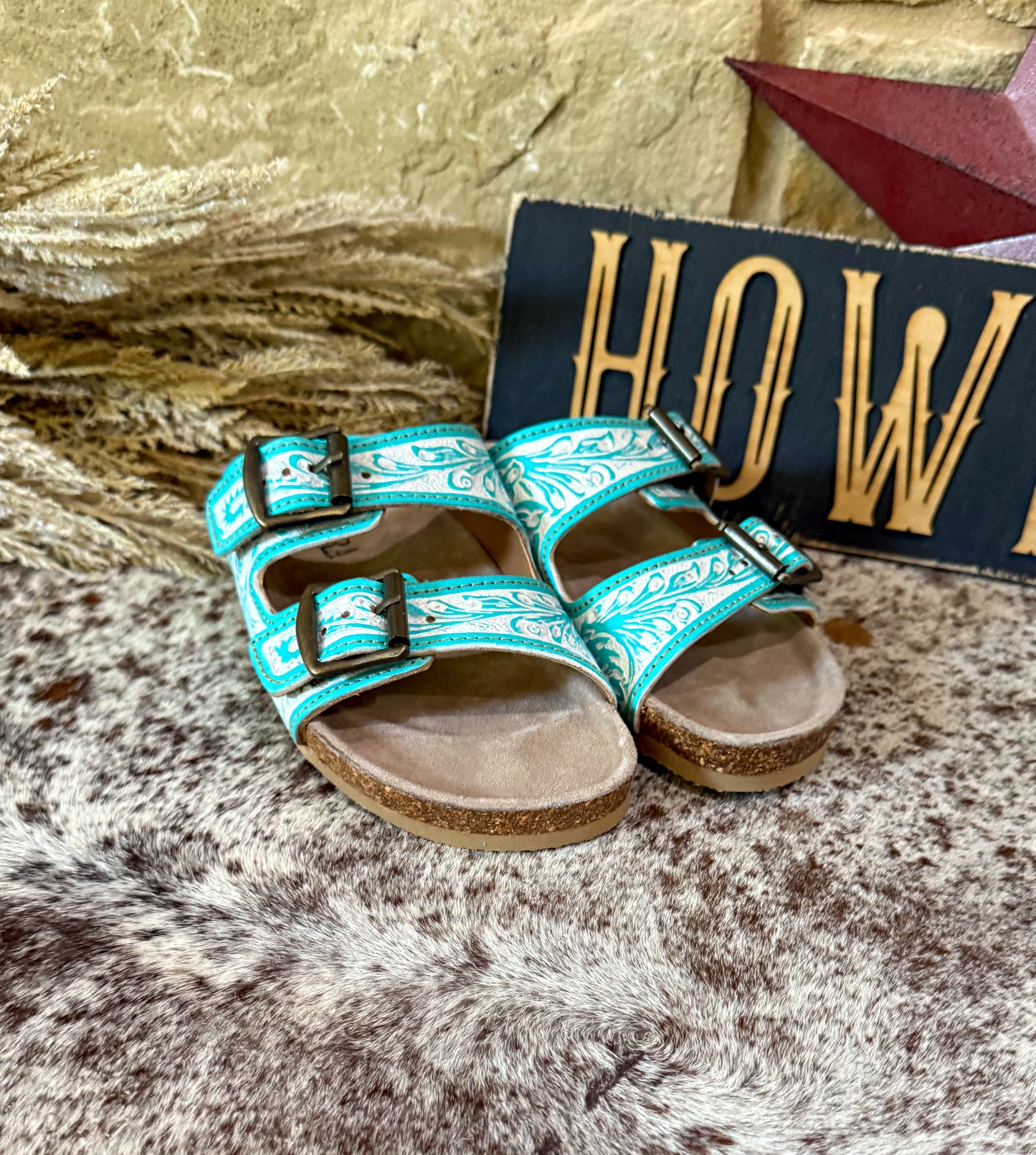 Turquoise & White Hand-Tooled Sandals