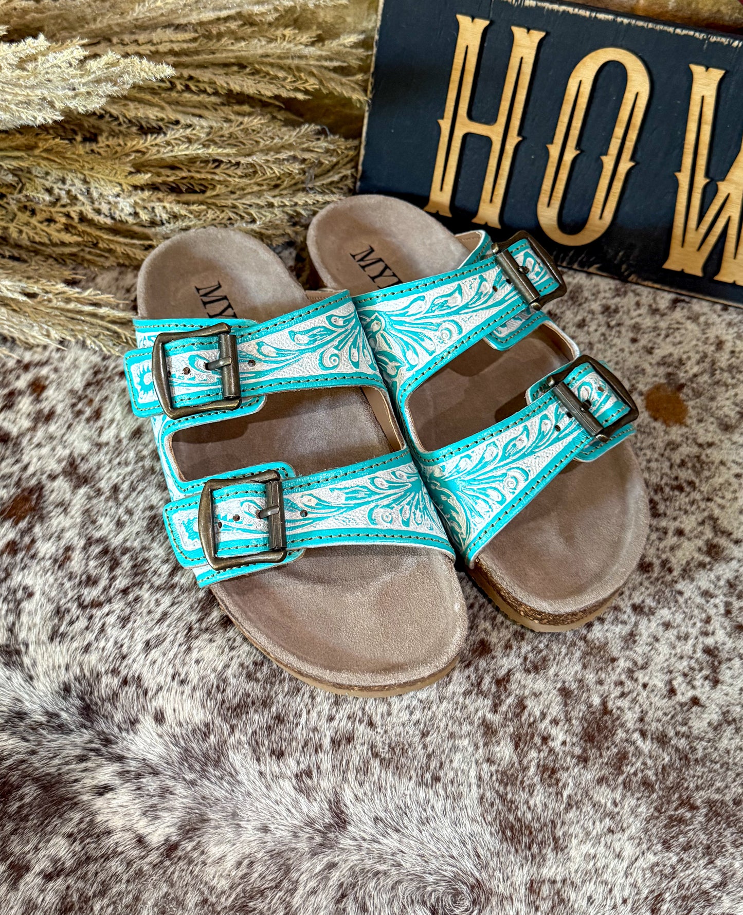 Turquoise & White Hand-Tooled Sandals