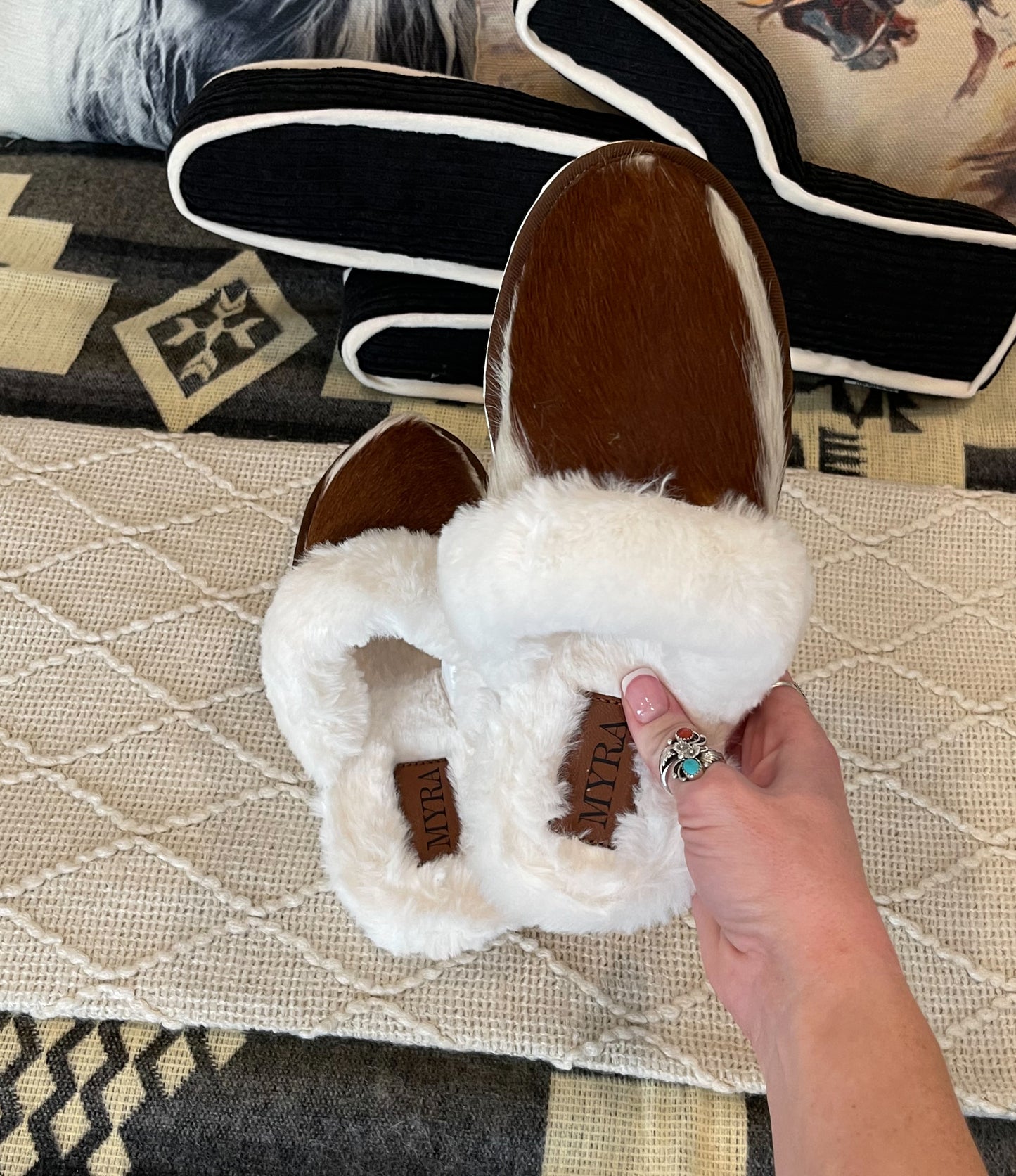Cowhide Myra Slippers {Brown & White}