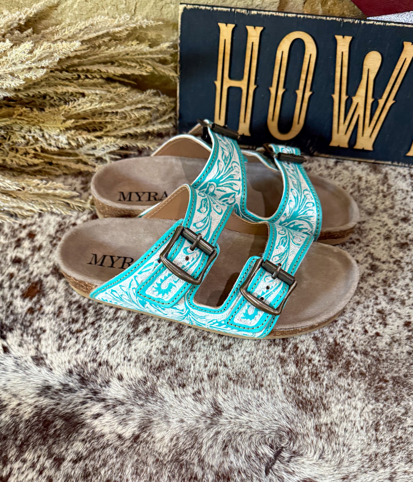 Turquoise & White Hand-Tooled Sandals