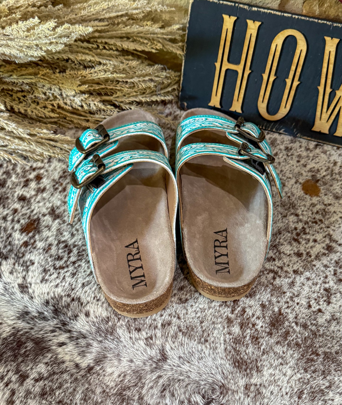 Turquoise & White Hand-Tooled Sandals