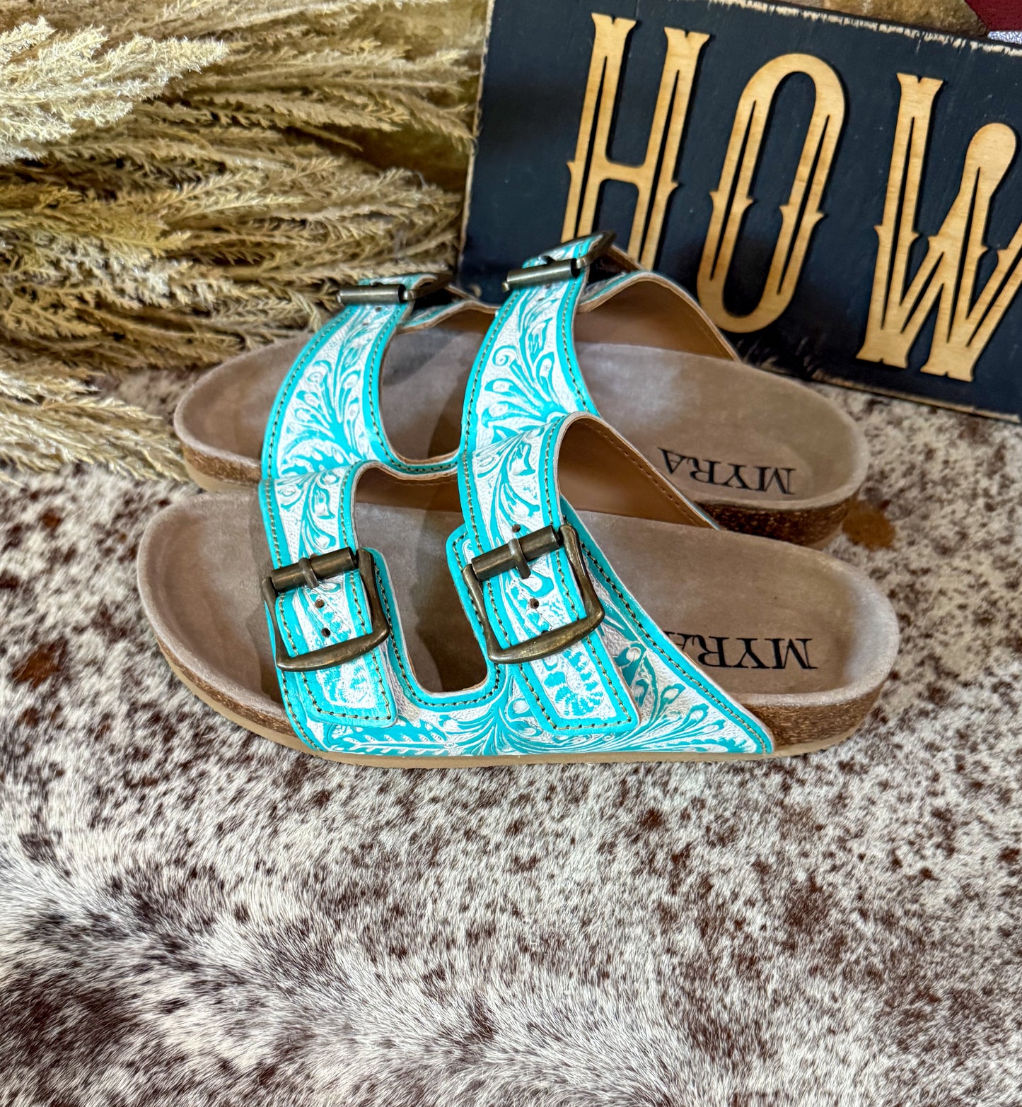 Turquoise & White Hand-Tooled Sandals