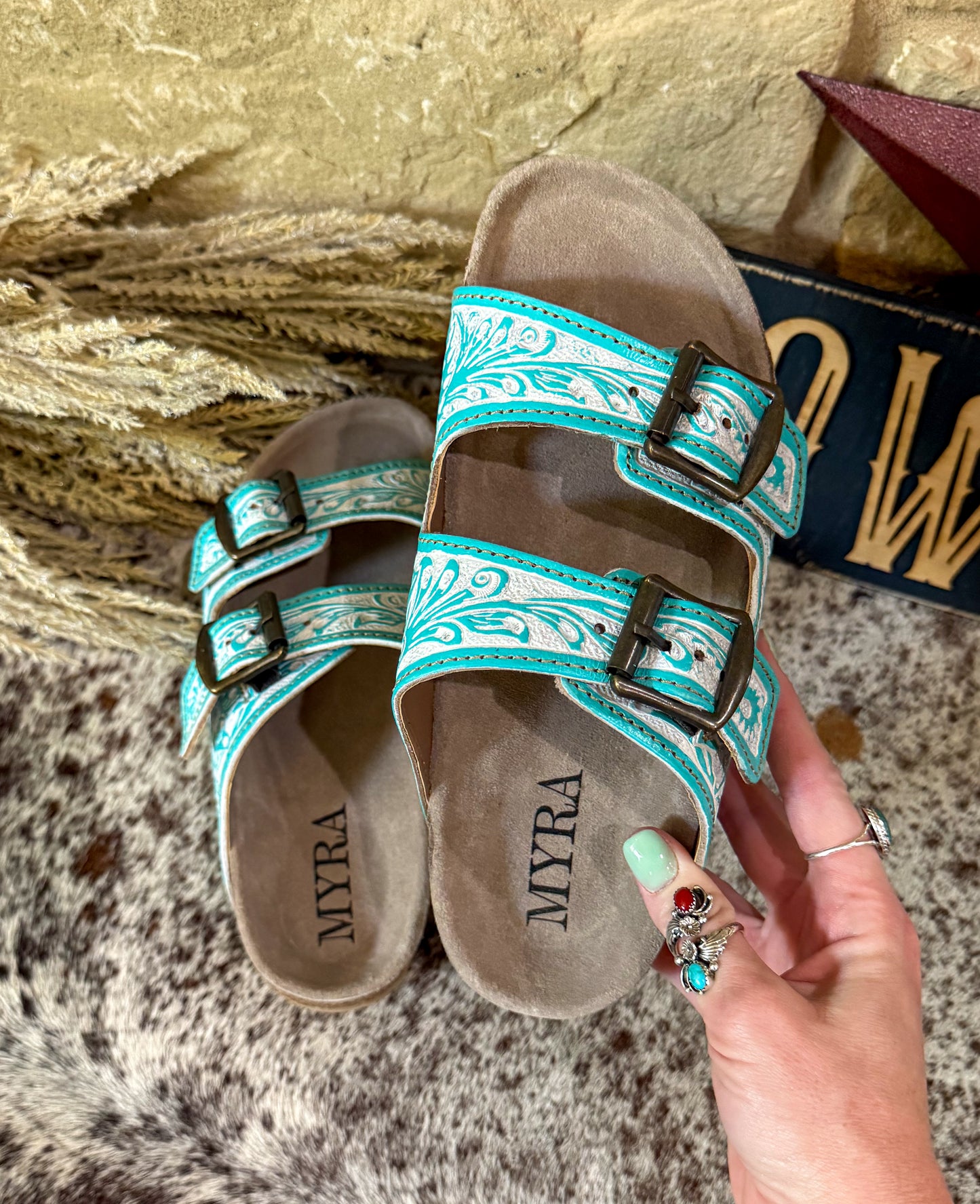 Turquoise & White Hand-Tooled Sandals