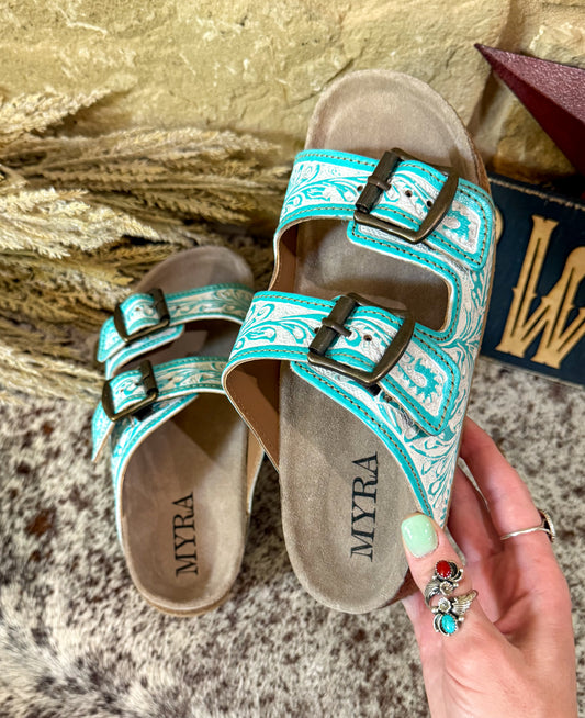 Turquoise & White Hand-Tooled Sandals