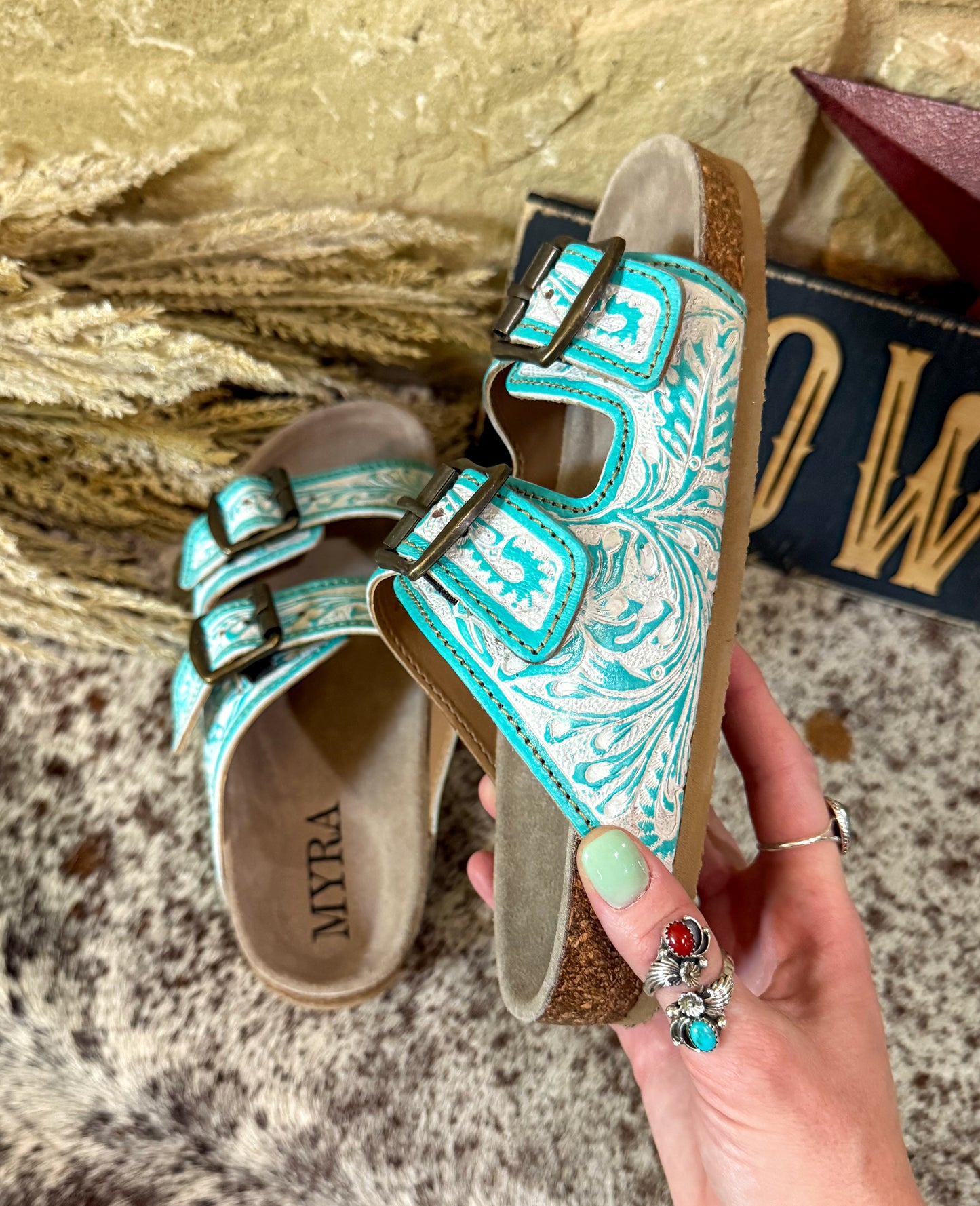 Turquoise & White Hand-Tooled Sandals