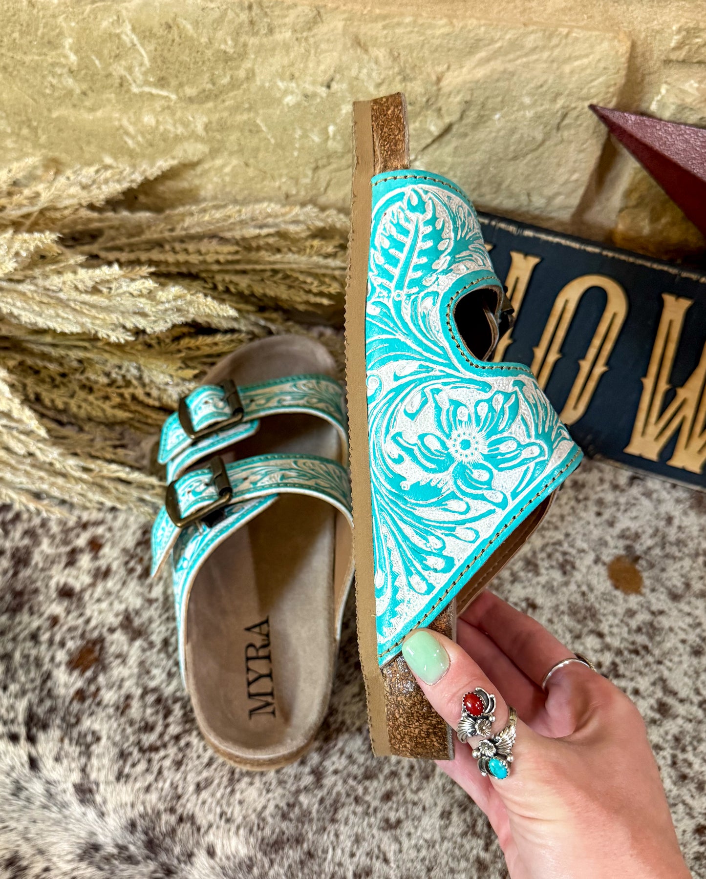 Turquoise & White Hand-Tooled Sandals