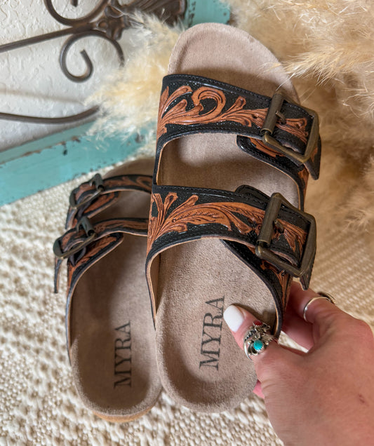 Black Hand-Tooled Sandals