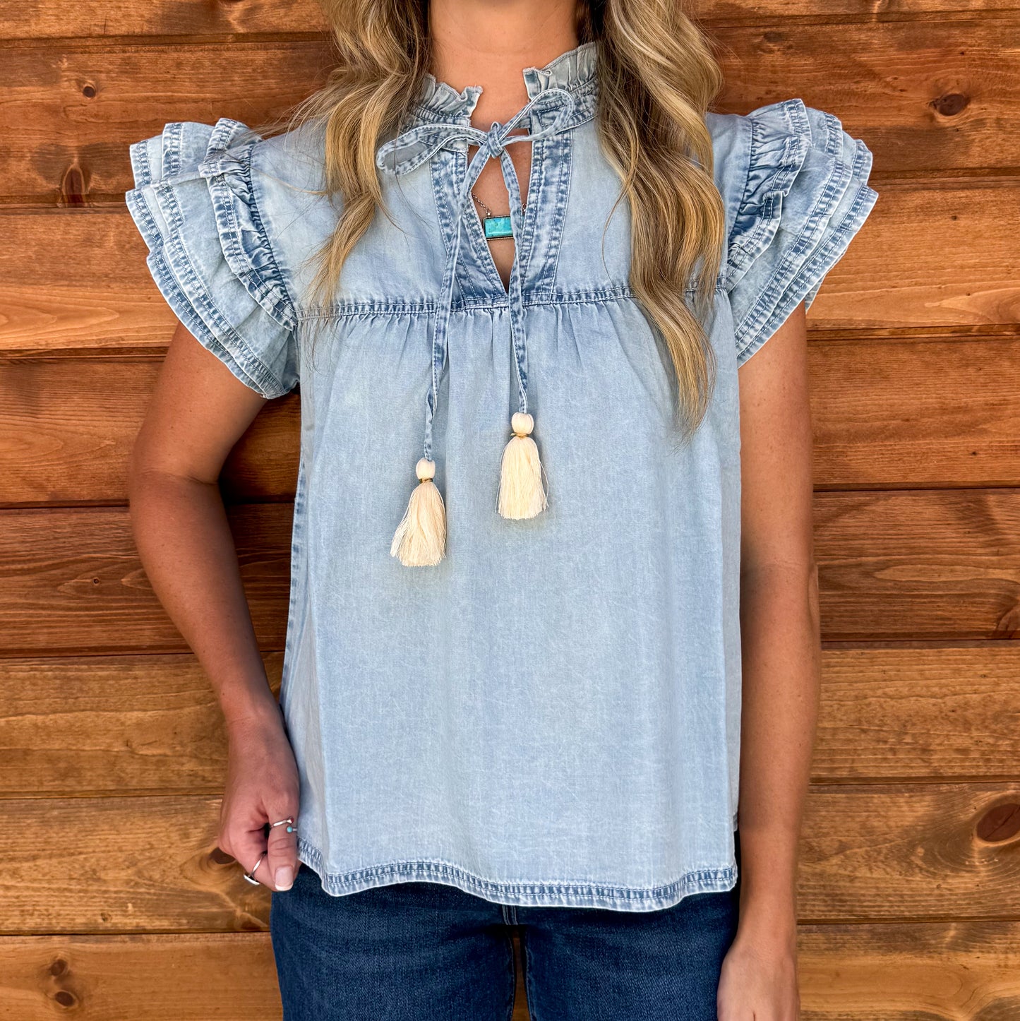 Denim Tassel Blouse