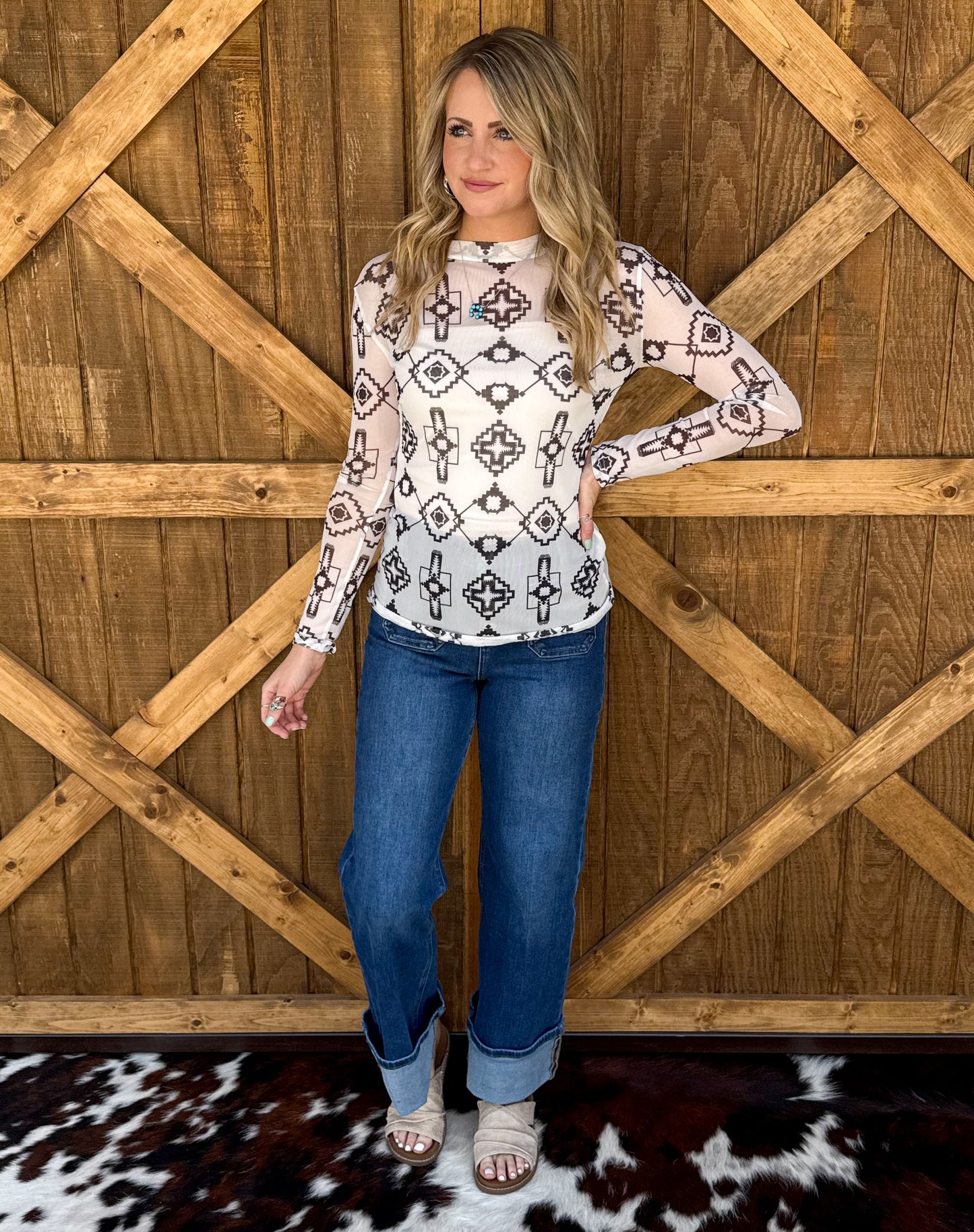 White Mountain Aztec Mesh Top