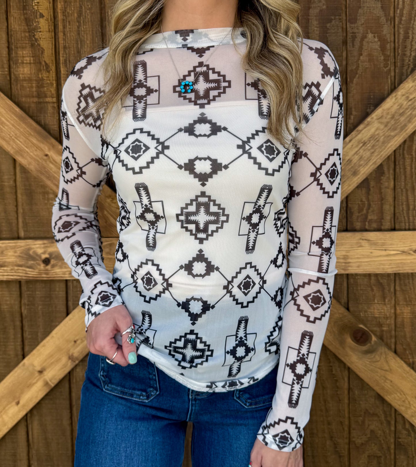 White Mountain Aztec Mesh Top