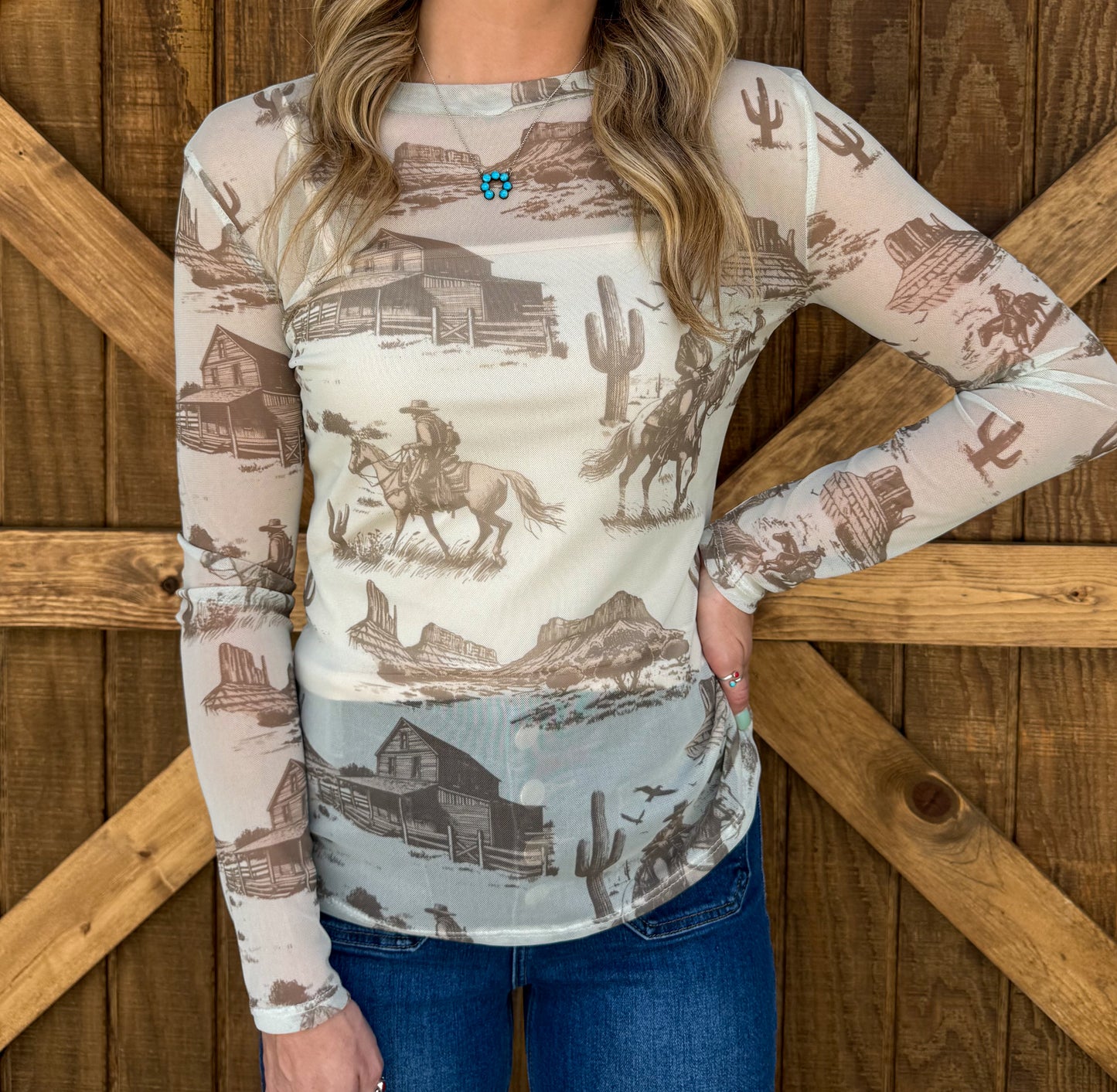 Beige Cowboy Mesh Top
