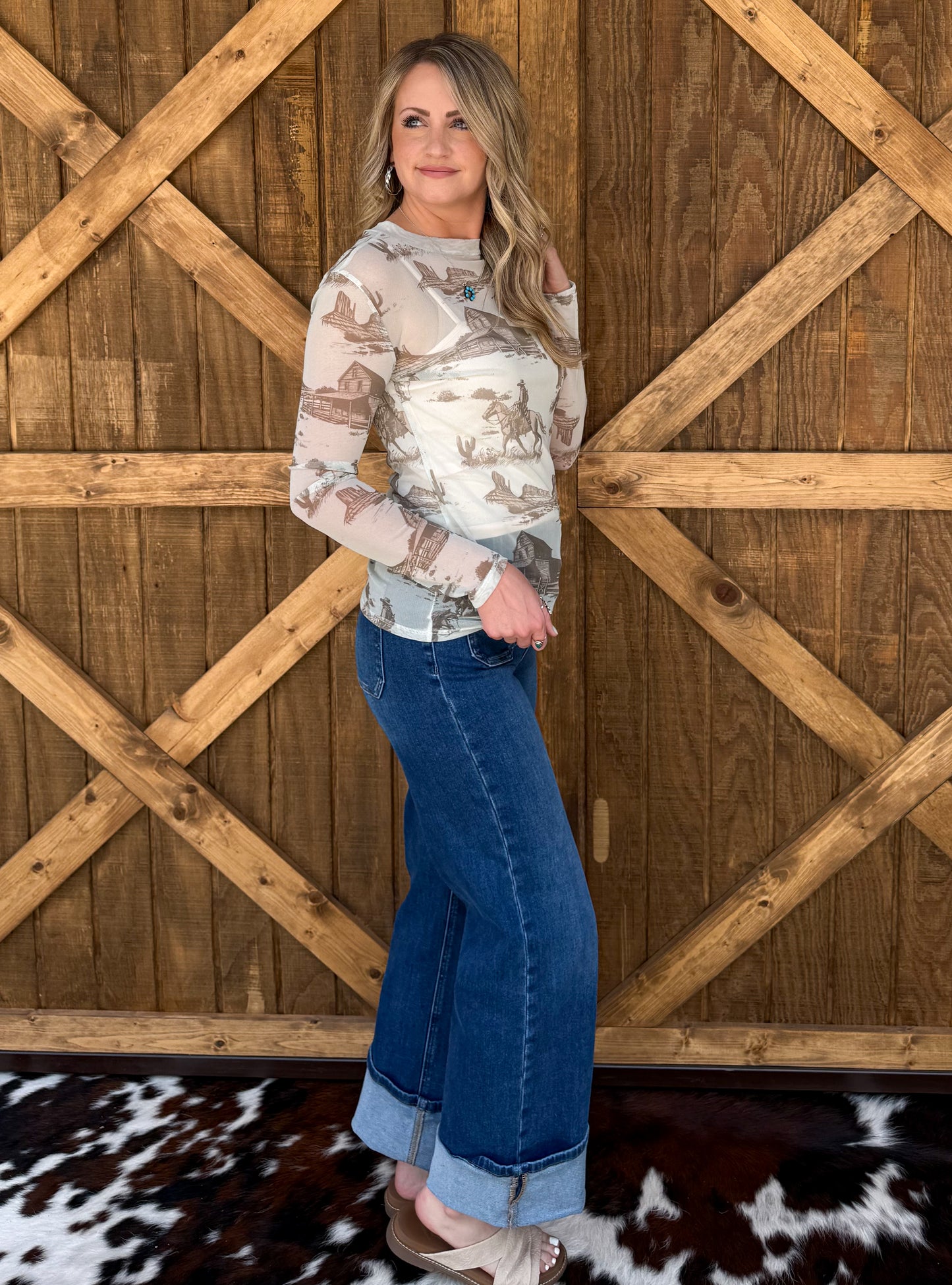 Beige Cowboy Mesh Top