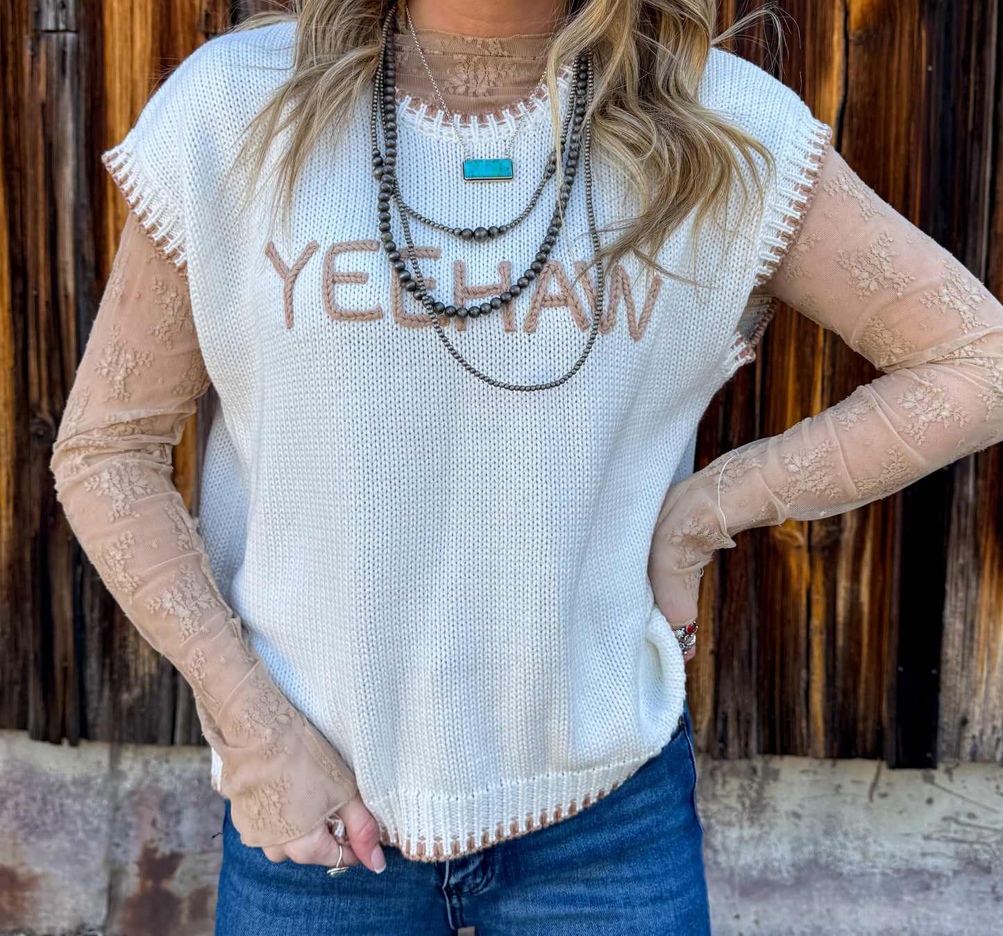 Yeehaw Embroidered Sweater Vest *Cream