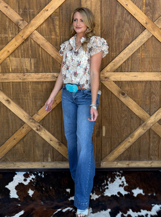 Ivory Cowboy Flutter Blouse