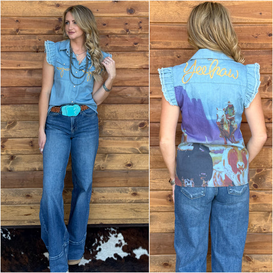 Yeehaw Boot Stitch Denim Top