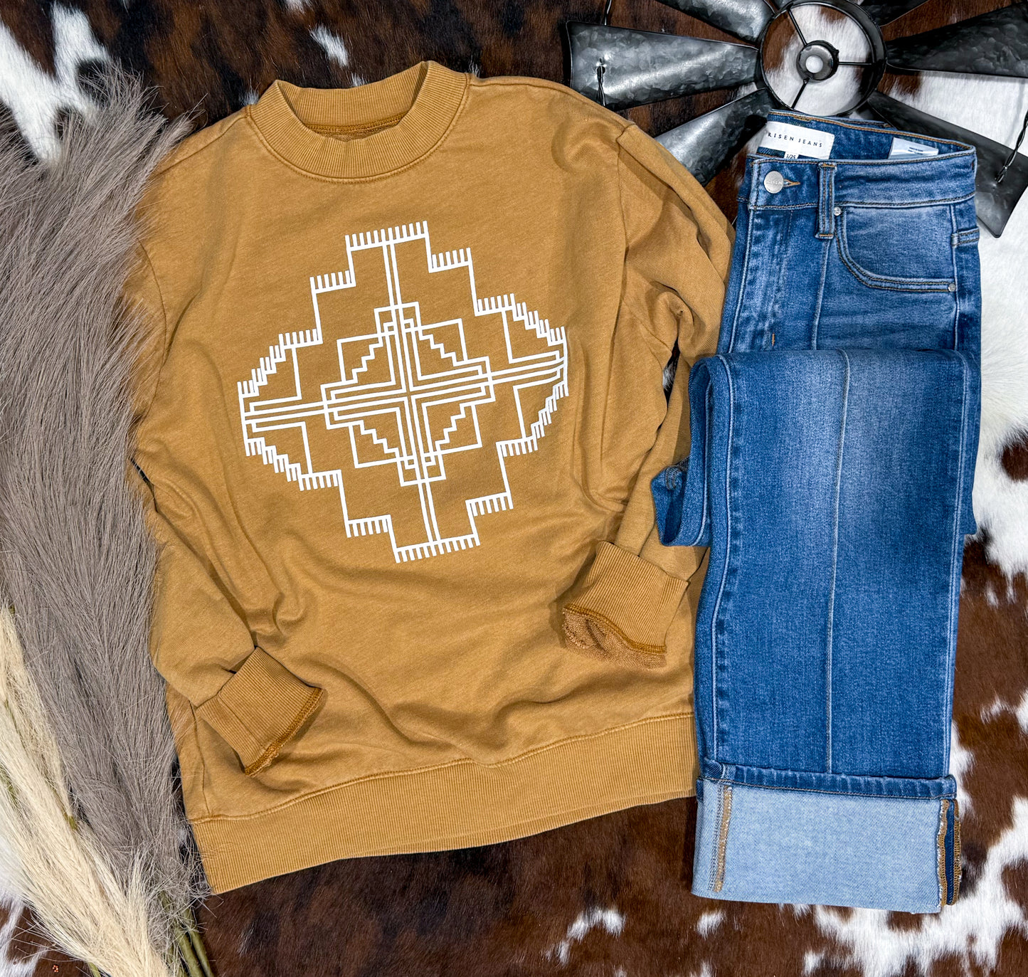 Aztec Puff Print Sweatshirt *Mustard