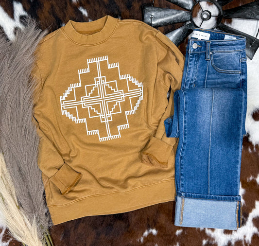 Aztec Puff Print Sweatshirt *Mustard