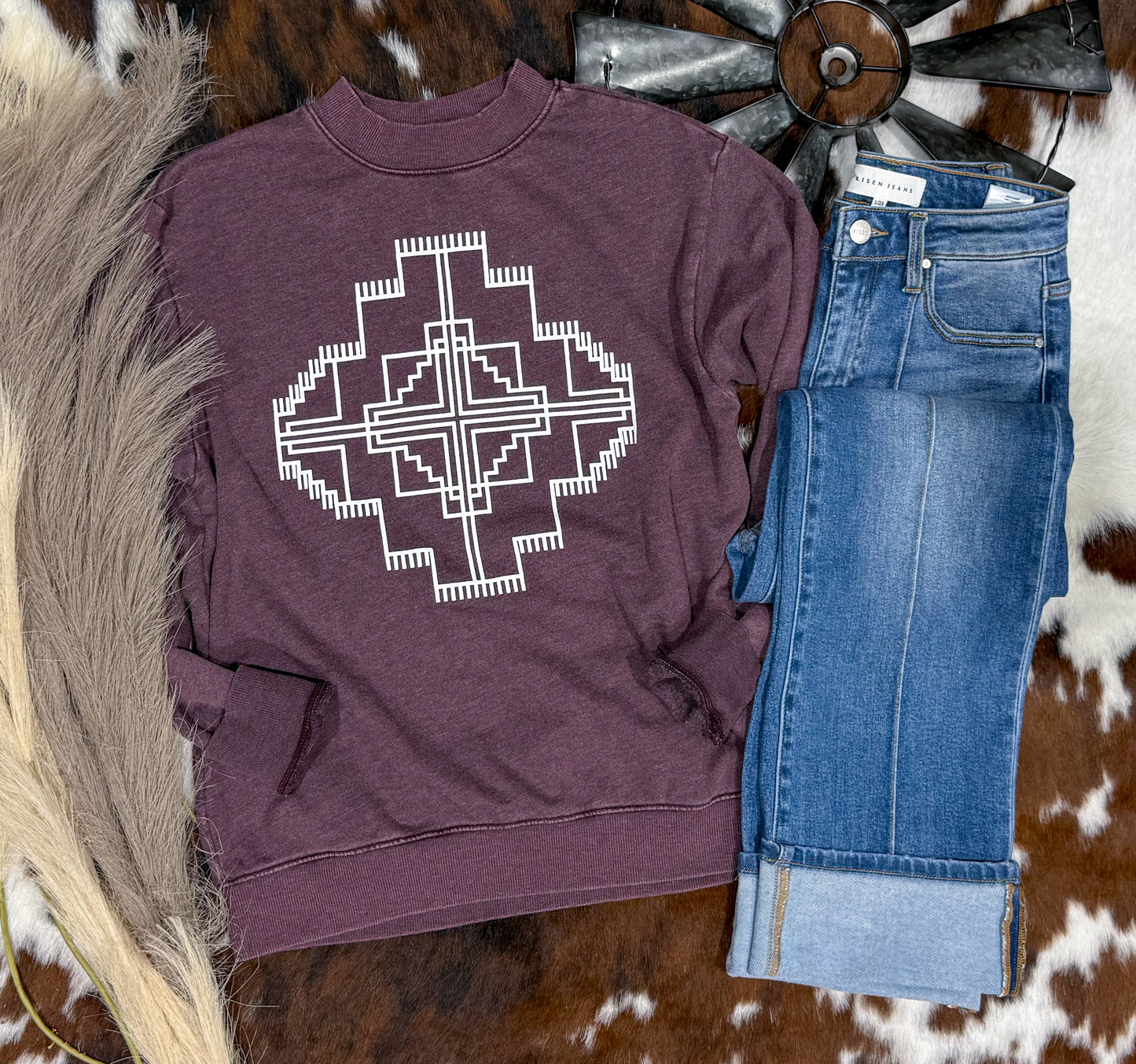 Aztec Puff Print Sweatshirt *Burgundy