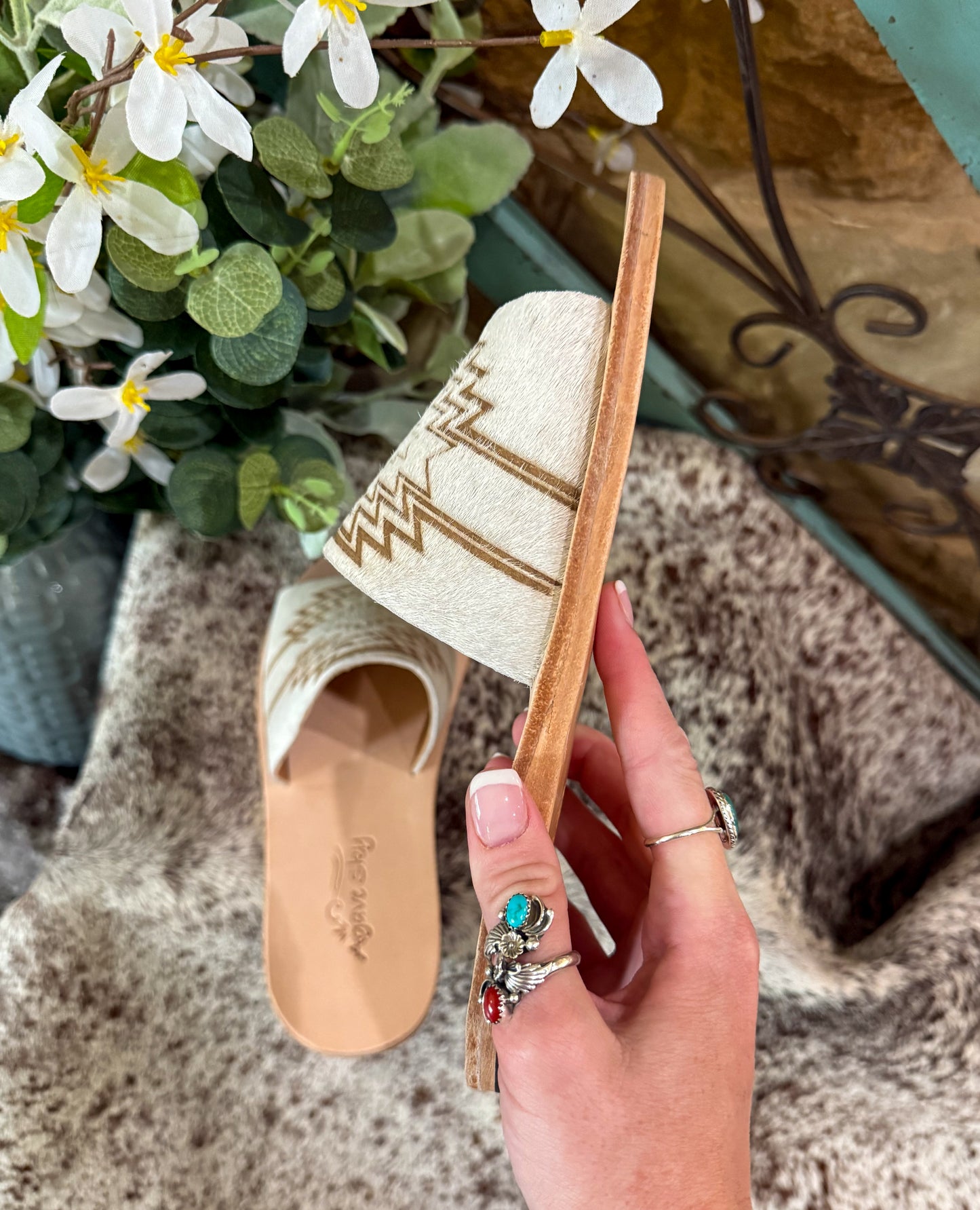 Nadia Fire Aztec Cowhide Slides