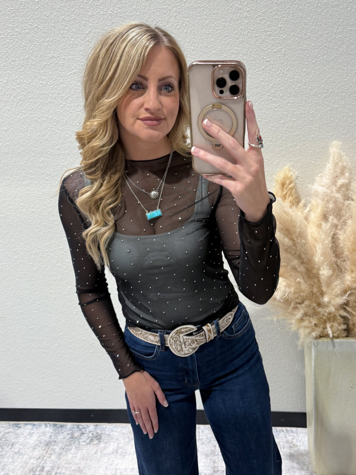 Rhinestone Cowgirl Mesh Top