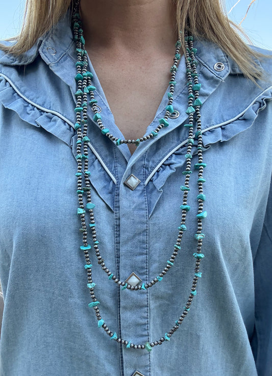 30” 3 Strand Faux Turquoise Stone Necklace