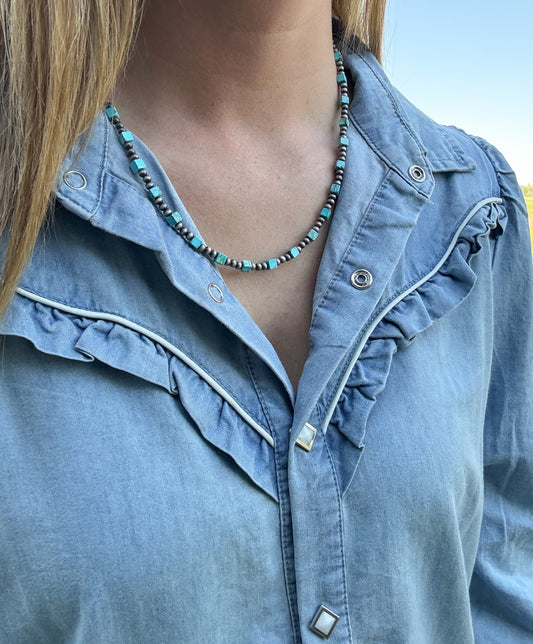 Western Faux Square Turquoise Necklace