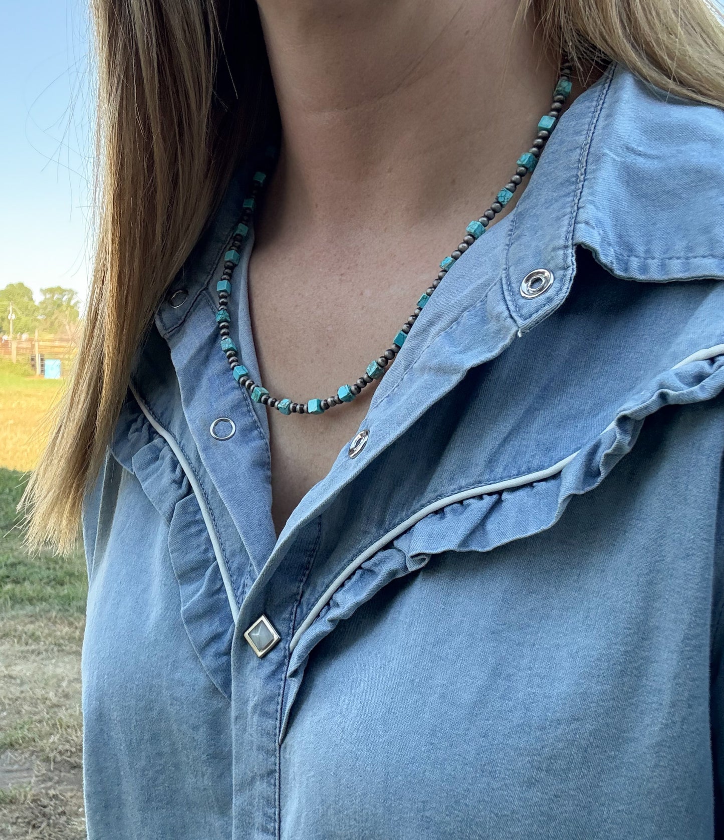 Western Faux Square Turquoise Necklace