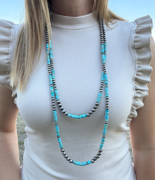 34” 2 Strand Faux Turquoise & Navajo Pearl Necklace