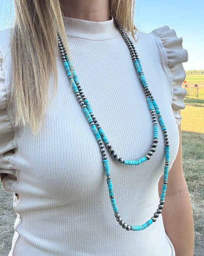34” 2 Strand Faux Turquoise & Navajo Pearl Necklace