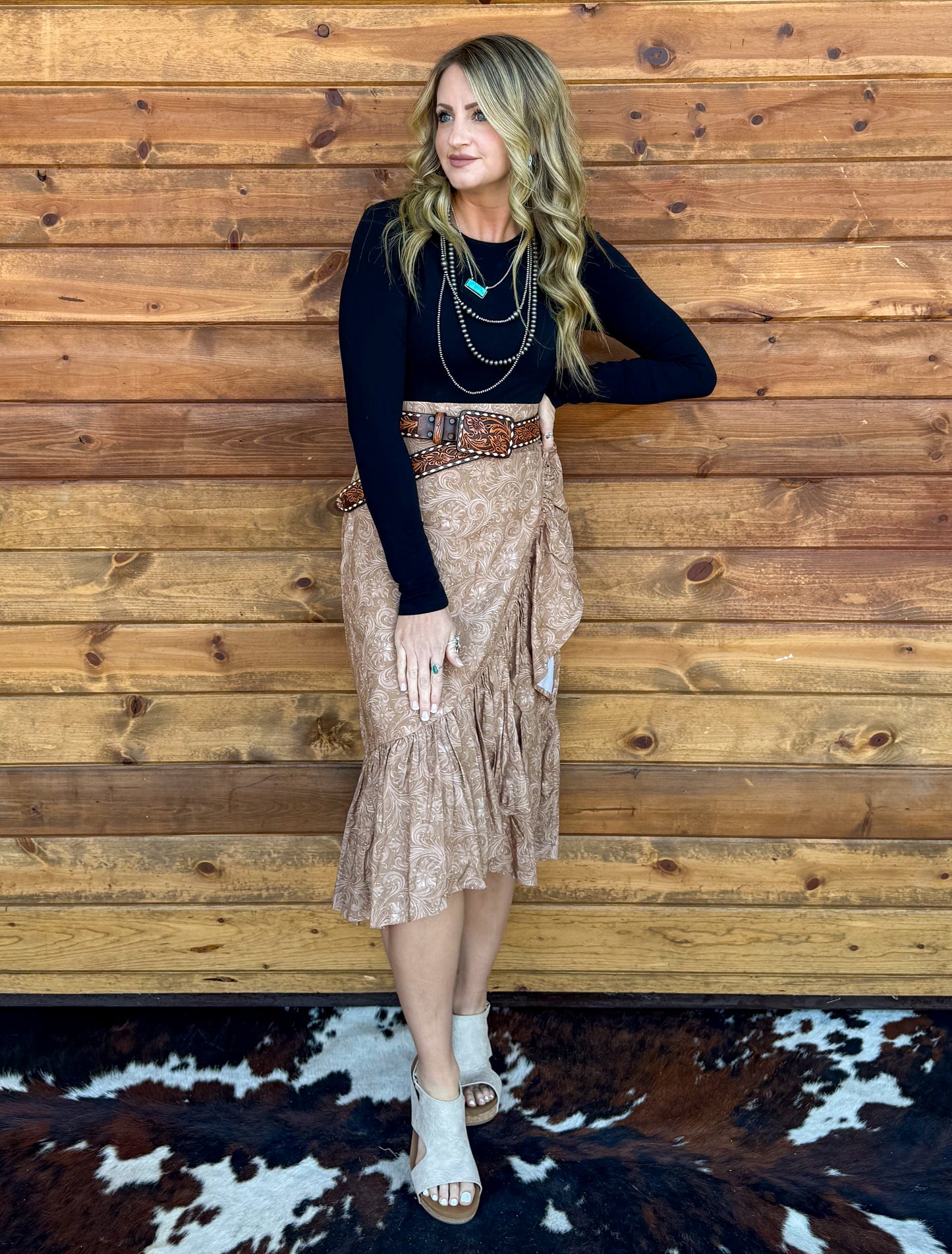 Saddle Up Ruffle Skirt *Tan