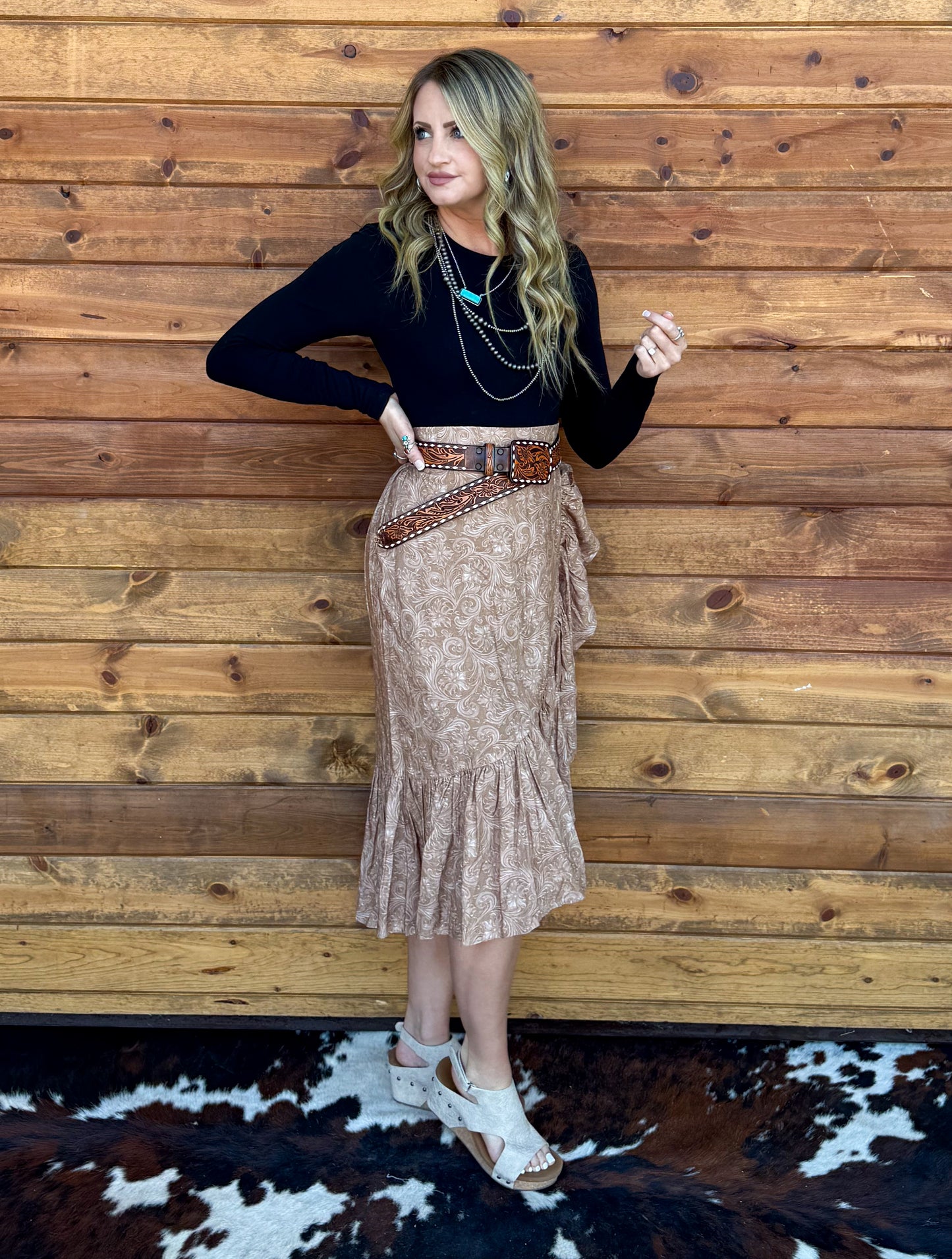 Saddle Up Ruffle Skirt *Tan