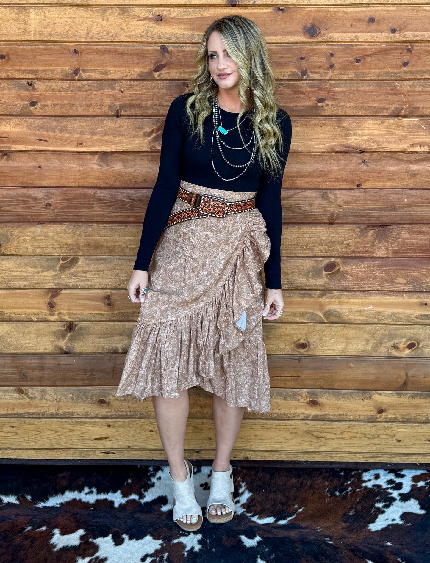 Saddle Up Ruffle Skirt *Tan